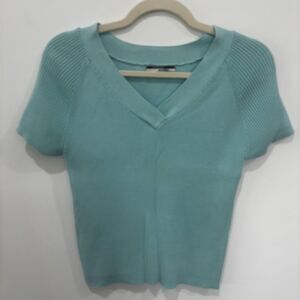Women's 100% cotton Light Blue Ribbed Short-Sleeve V-Neck Sweater Top Size S